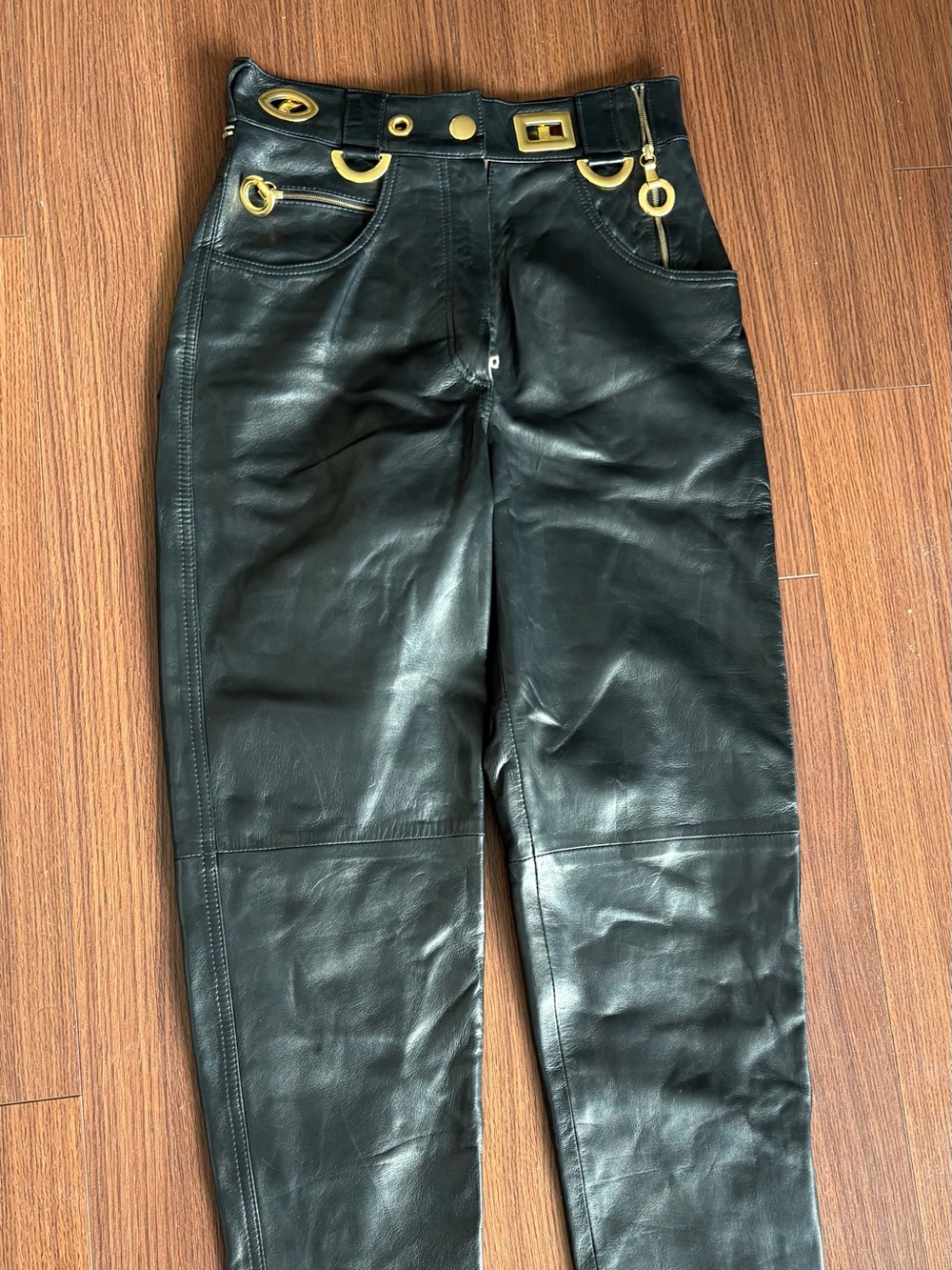 Black Leather Pants with Gold Hardware